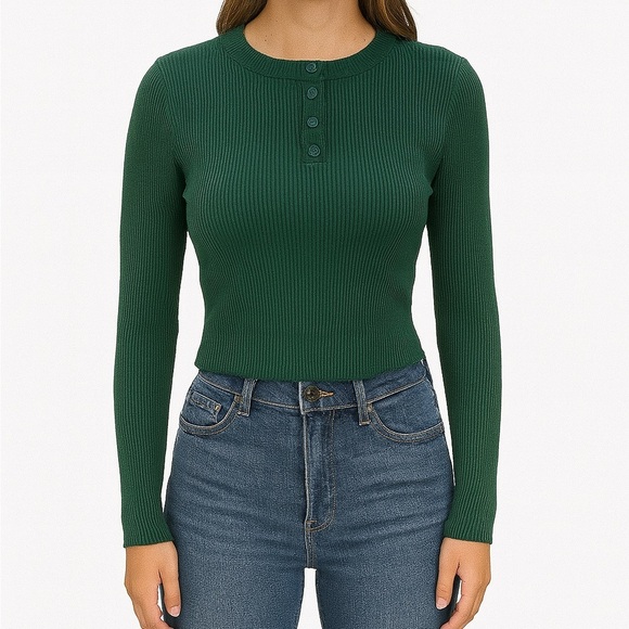 Forever 21 Green Ribbed Long Sleeve Crop Top Sweater - Picture 2 of 5